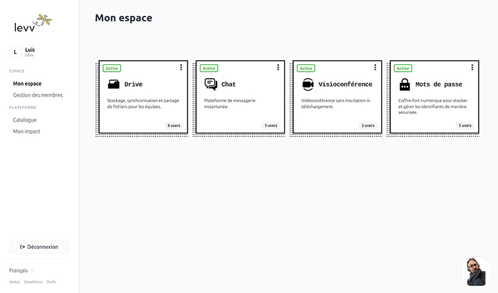 Capture d'écran de la page Mon espace dans le catalogue.