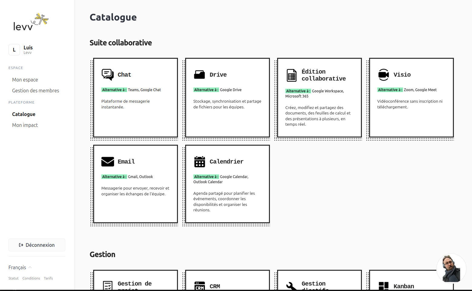 Écran d'accueil du catalogue de La Boîte.