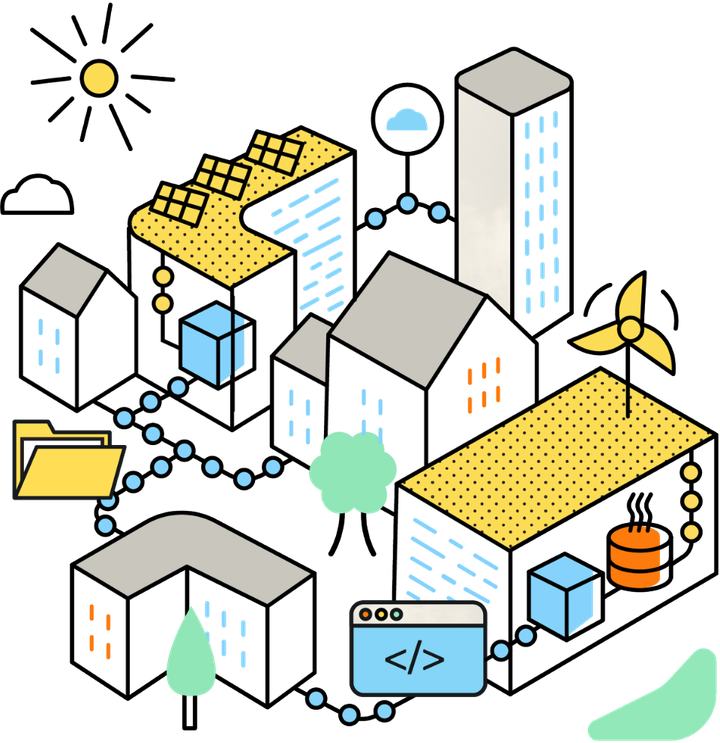 Illustration d'un paysage urbain où les infrastructures s'alimentent entre elles.