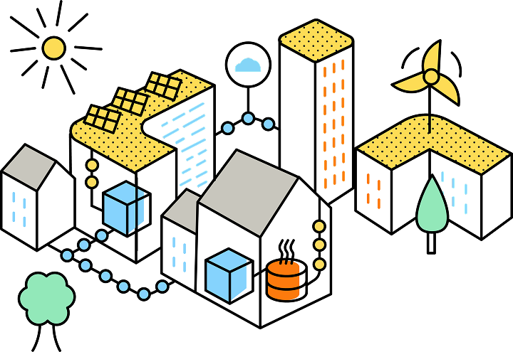 Illustration d'un paysage urbain où les infrastructures s'alimentent entre elles.