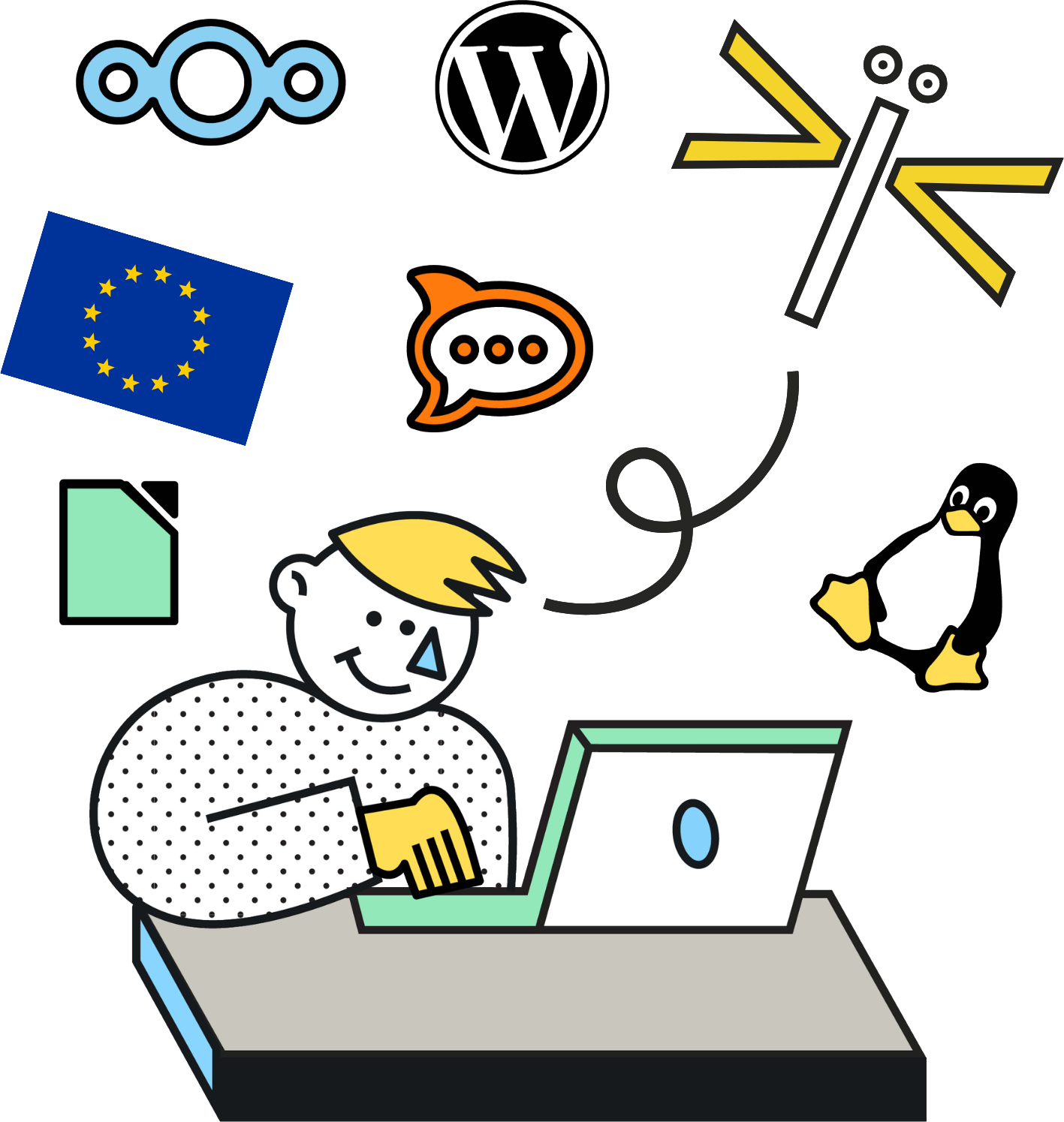 Illustration d'un utilisateur entouré des logos de différents logiciels open source.